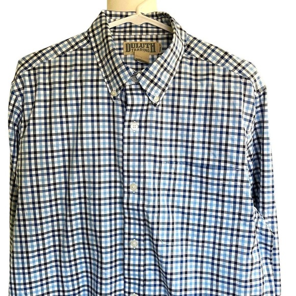 Duluth Trading Blue Plaid Button Down Trim Fit Shirt Cotton Mens L EUC - Picture 2 of 7